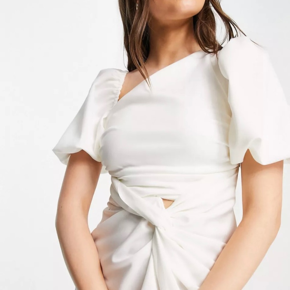 ASOS asymmetric puff sleeve knot tuck midi dress in ivory - wedding